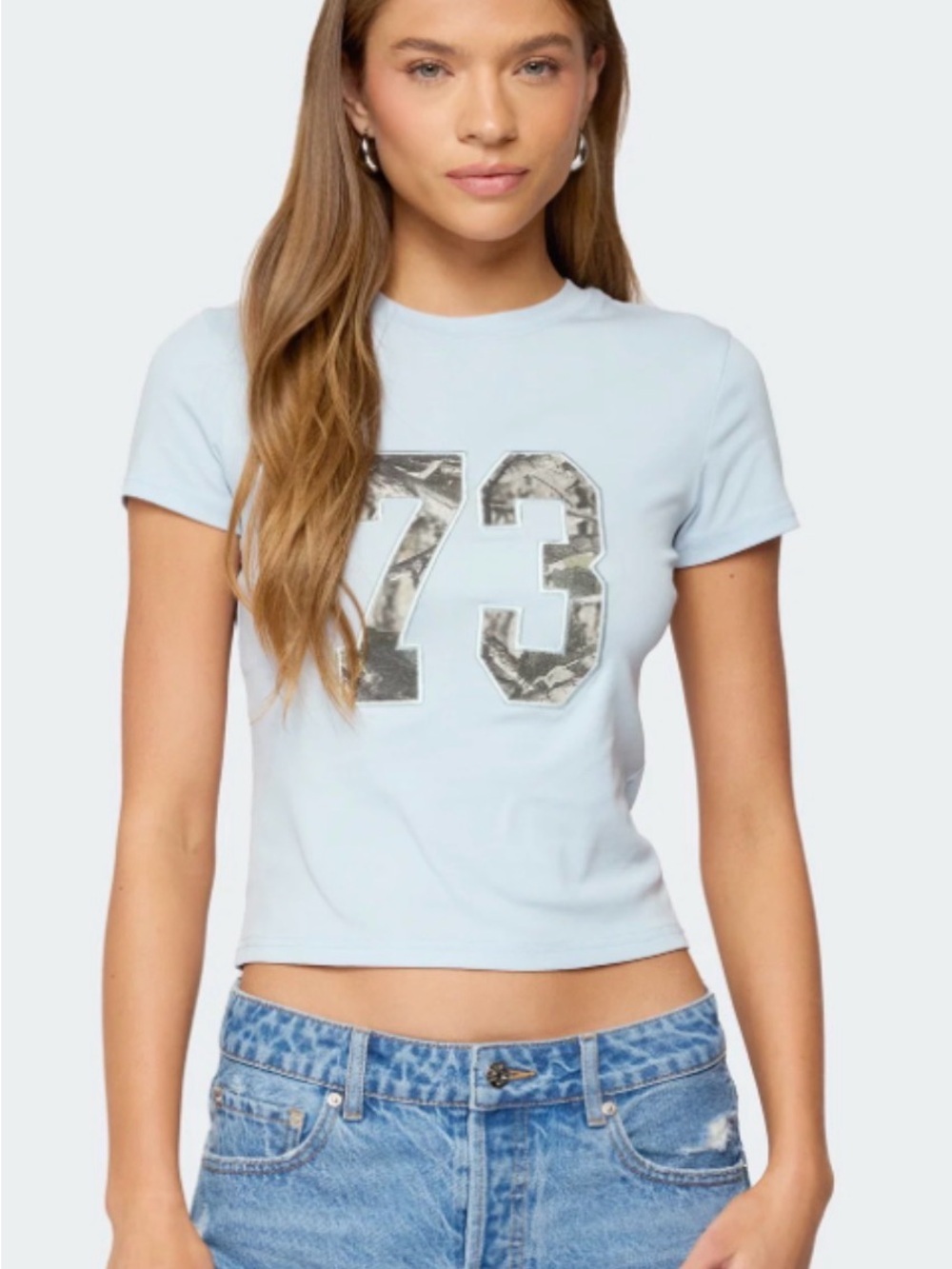 Edikted Camo 73 T-Shirt – Light Blue | Size XS |